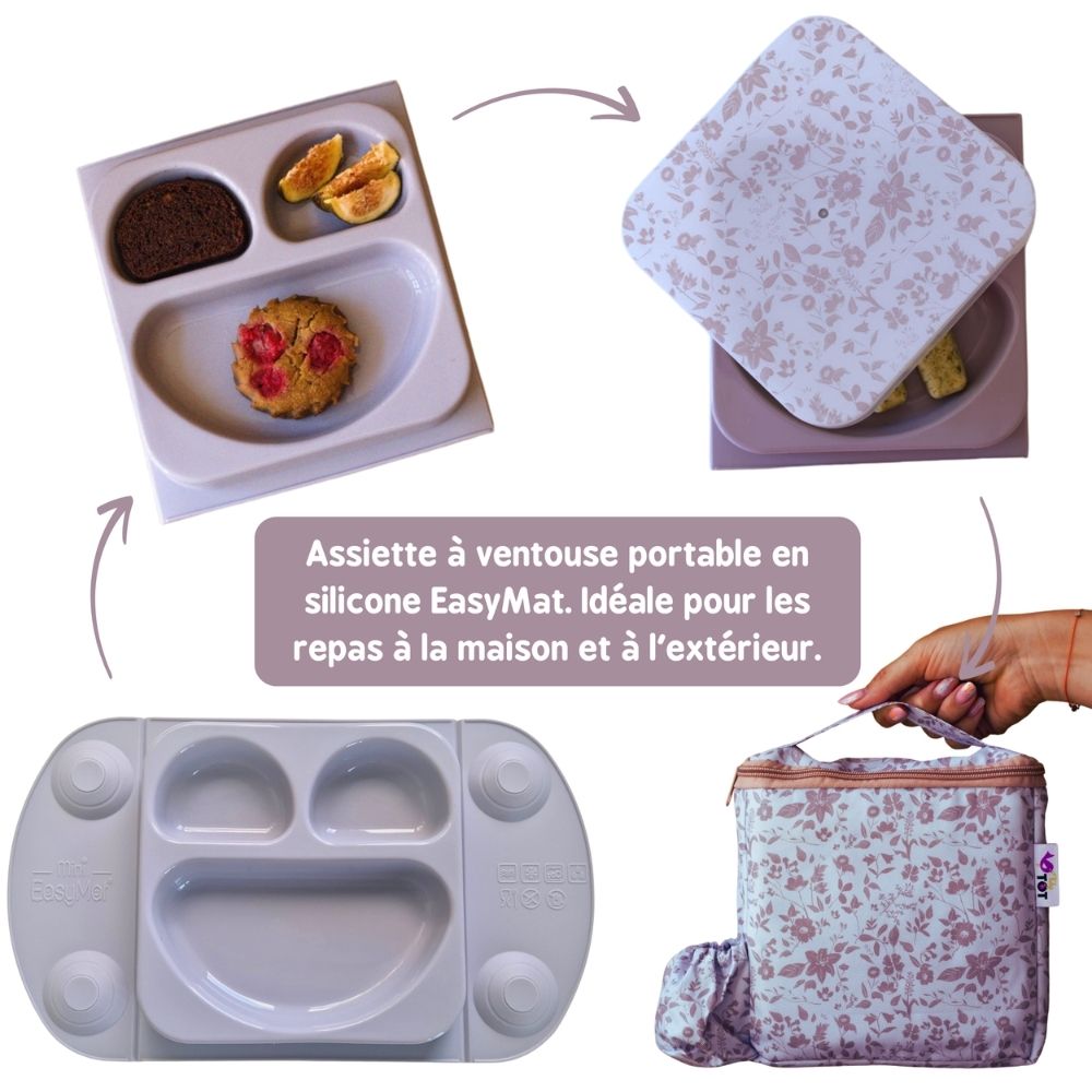 Assiette à compartiments ventousée en silicone + Sac isotherme Rose